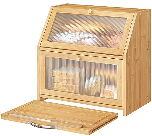 Vriccc Extra Large Bread Box with Cutting Board Bamboo Wood Bread Box for Kitchen Counter, Double Layer Large Capacity Bread Storage Bin with Acrylic Wavy Door Panel (Natural)