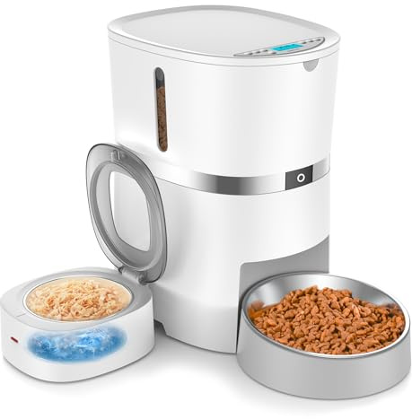 WellToBe Comedero Gato Automatico para Comida Húmeda con Bolsa de Hielo y Desecante de Alimentos Secos Frescos, Dispensador Comida para Gato y Perro, 1-6 Comidas, Fuente de Alimentación Dual