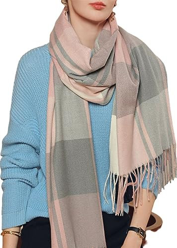 JFAN Schal kariert für Damen Winter Schal Pashmina Warmer Stola mit Baumwolle Fransen Scarves Cashmere Scarf for Women Shawls Wraps Rosa One Size