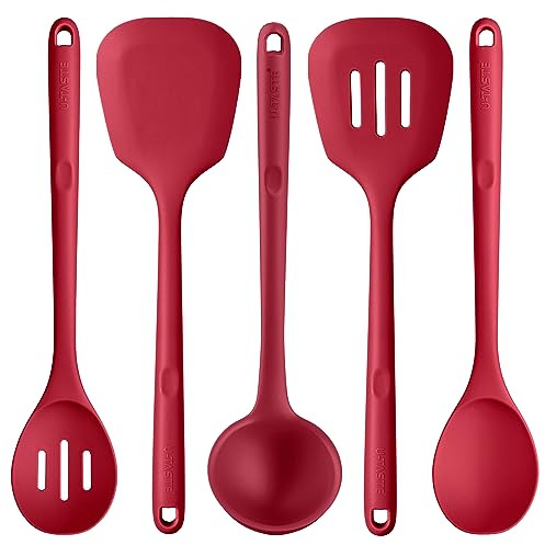 U-Taste Extra Large Silicone Kitchen Utensils Set of 5, Red | 315℃ Heat Resistant Food Grade Cooking Tools Non-Stick Spatula Turner Spoon Ladle for Mixing Serving Frying Stirring Draining