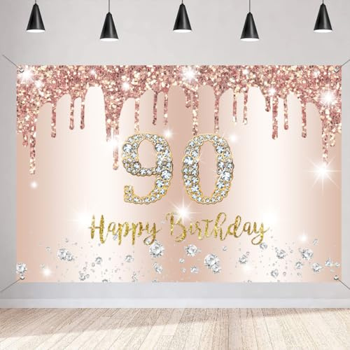 90. Geburtstag Deko Frauen, 90 Geburtstag Dekoration Roségold Glitzerflecken Stoff Schild Plakat 90 Geburtstagsfeier Deko