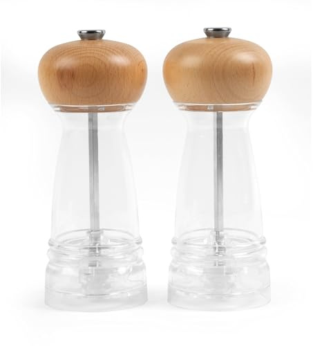 Salter BW12949BEU7 Harper Mill Set – Salt & Pepper Mills, Ceramic Universal Mechanism, Spice Mills with Adjustable Grind from Fine to Coarse, Twist to Grind, Clear Acrylic Body with Wooden Top