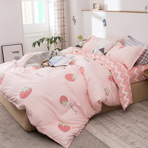 AShanlan Bettwäsche Mädchen Kinder 135x200 Rosa Erdbeeren Kinderbettwäsche | Bettbezug 135x200 mit Kissenbezug 80x80 cm, 100% Mikrofaser, Pink Weiß Gestreift, Oeko-TEX Wendebettwäsche Set