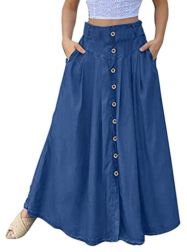 Jupe Longue en Jean - Trapèze d'Été Avec Boutonnière et Poches - Légère et Aérée en Denim Pour Femme - Plage Élastique - Grandes Tailles