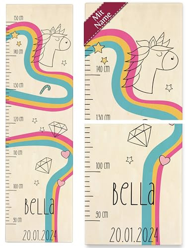 Messlatte Kind Holz - Einhörner - Einhornkopf Regenbögen Mädchen Kindermesslatte - 90-150 cm - Holz - messtabella für kinderzimmer einhorn motiv regenbogen kinderhöhenmesser größe bunt