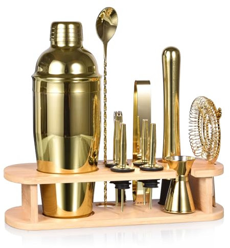 Cocktail Shaker Set,750ML Stainless Steel Bartender Kit Professional Martini Mixing Bartending Kit Combination, Home Stylish Bar Tool Set with Cocktail Recipes Booklet (Gold)
