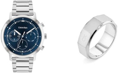 Calvin Klein Multi Zifferblatt Quarz Uhr für Herren mit Silbernes Edelstahlarmband - 25200063 Ring für Herren Kollektion Latch - 35000316G