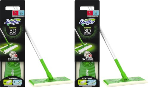 Swiffer Balai Attrape-Poussière 3D Clean Kit de Démarrage, 1 Balai + 4 Lingettes Sèches + 2 Lingettes Humides, Attrape et Retient la Poussière (Lot de 2)