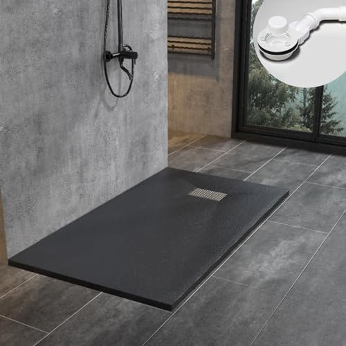 WITEN&NOCK SMC Duschwanne 160x90cm schwarz Höhe 3,2cm inkl. Ø90mm Siphon | SMC Duschtasse extra flache Steinoptik Antirutsch inkl. Edelstahl Abdeckung, zuschneidbar