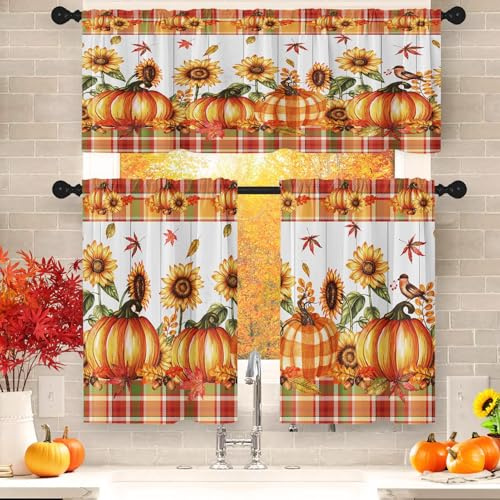 Nesphy Tende da cucina arancioni autunnali a quadri, mantovana e livelli, 91 cm, con tasca per asta, zucca, girasole, uccello, tenda corta per stanza, decorazione autunnale per cucina