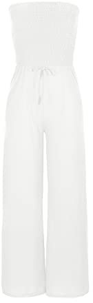 Urlaubs-Strampler für Damen, lässiger Overall, schulterfrei, einfarbig, trägerlos, weites Bein, Jumpsuit für Damen, Größe S, weiß, 46