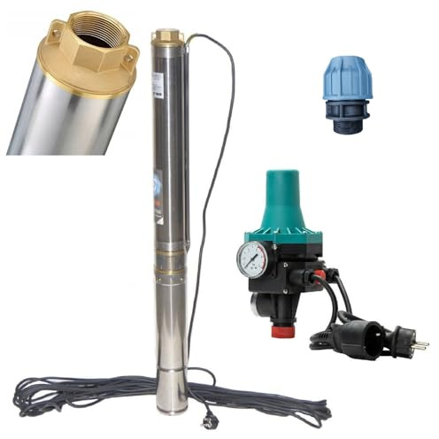 PAG Turbo GmbH - Hochwertige Tiefbrunnenpumpe sandverträglich bis 5% 3000 bis 6000L/h - Druck 6-7,7bar mit Pumpensteuerung und Klemmfitting für PE-Rohr (T20 + PC13 + Klemmfitting)
