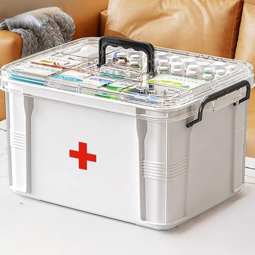 Medikamenten Aufbewahrung,Medizinbox Hausapotheke box mit Griff und herausnehmbarem Fach,Doppellagig Multifunción Aufbewahrungsbehälter Große Kapazität für Medikamente,Gadgets,Kosmetische(Weiß-L)