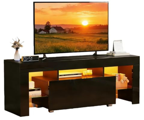 Redd Royal 130cm TV Stand Cabinet White High Gloss with Led Light for 32-65 TV, Modern TV Unit Entertainment Center Cabinet with Large Storage Drawer Glass Shelves for Living Room Bedroom (Black)