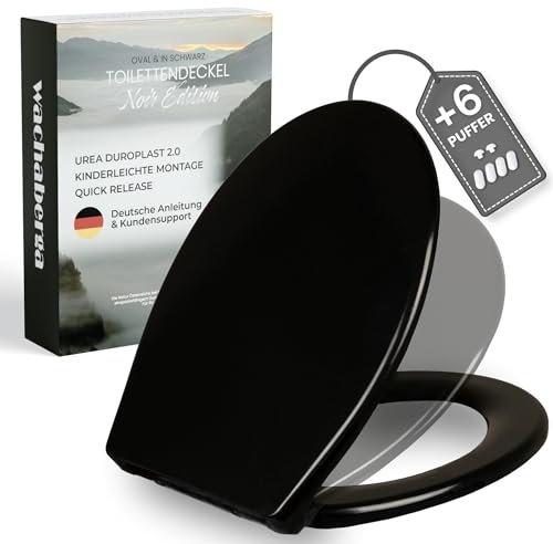 WC Sitz mit Absenkautomatik Schwarz - Toilettendeckel Oval mit Edelstahl Spezialscharniere für bombenfesten Halt - Klodeckel Schwarz aus robustem Duroplast inkl. 2 Montage-Sets & 6 Extra-Puffer