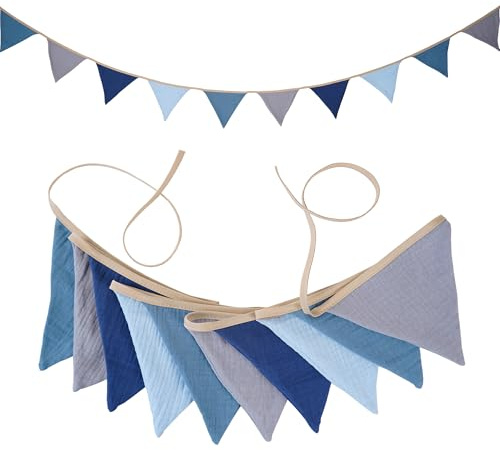 Fabric Bunting Banner, 2 Pack Handmade Neutral String Banner Each 8.5 ft 10 Flags Nursery Wall Hanging Wedding Birthday Home Baby Shower Party Decoration Bunting (Blue)