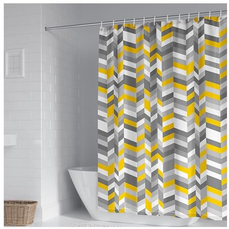 KnSam Duschvorhang Eckdusche 150x180cm, Badewanne Vorhang 3D Streifen Muster, Polyester Badezimmervorhang mit Duschvorhangringen, Gelb Grau
