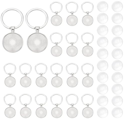 JINJUMEI 20 Set Blanko Cabochon Schlüsselanhänger, Legierung Blank Lünette Anhänger Tabletts Durchmesser mit Transparentem Glas, Fassungen Glas Cabochons Kettenanhänger Zum Befüllen von Fotoschmuck