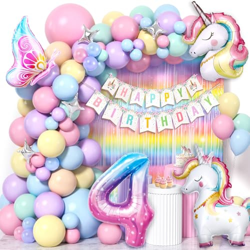 Cleboen Einhorn Deko Kindergeburtstag Mädchen 1 2 3 4 5 6 Jahre, Pastell Luftballon Girlande mit Einhorn Luftballon Lametta Vorhang, Einhorn Kindergeburtstag Decorations Party Deko