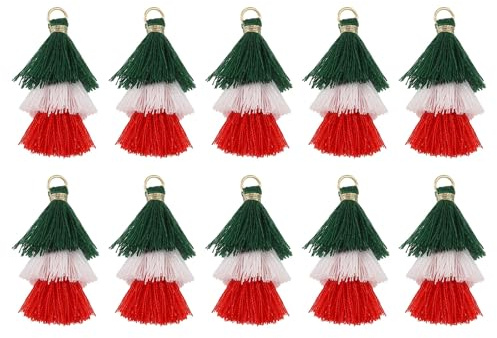 QUARKZMAN 10 Stück Winzige Dreischichtige Quasten 1,6 Mini Quaste Taschenanhänger Böhmische Handgefertigte Quasten Schlüsselanhänger für DIY Projekte Schmuckherstellung (Grün/Weiß/Rot)