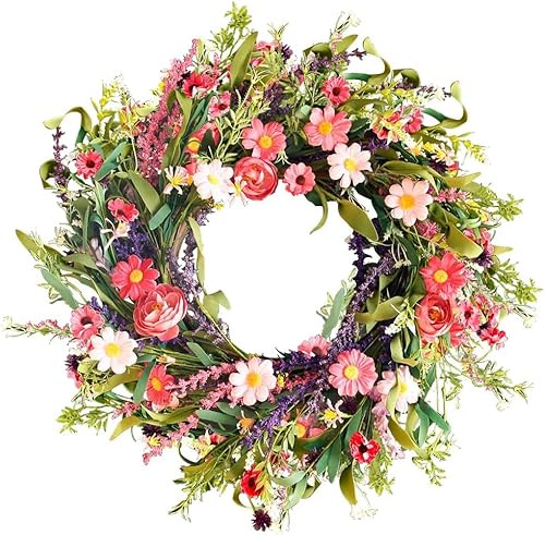 Blumenkranz zum Dekorieren mit Gänseblümchen und Lavendel, Türkranz mit künstlichen bunten Wildblumen, Frühlings und Sommerkränze für Haustür, Fenster, Flur, Garten, 45 cm (Lavendel 279,45cm)