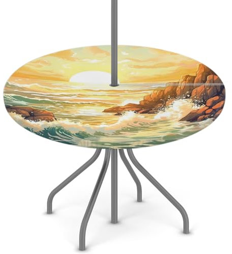 Woltant Tovaglia rotonda con foro per ombrellone e cerniera, facile da pulire, con bordi elastici, protezione per tavolo da giardino, patio, barbecue (onde al tramonto)