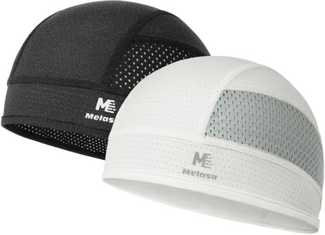MELASA 2-Pack Cooling Skull Cap, Wicking Mesh Cycling Caps Under Helmet Summer Breathable Bicycle Motorcycle Sweat Hard Hat Liner Lightweight Wave Cap for Men and Women(Black&White)