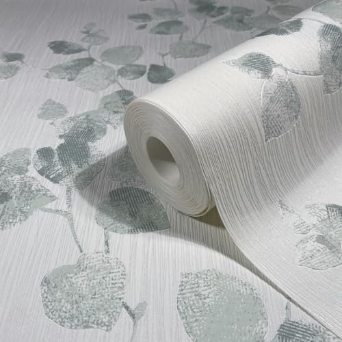 marburg Carta da parati con fiori, foglie, bianca, verde, natura, soggiorno, camera da letto, cucina, prodotta in Germania, 10,05 x 0,53 m