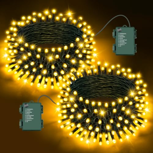 FFZZKJ Lichterkette Außen Batterie Timer für Weihnachten 8 Modi Insgesamt 10M 100 LED Wasserdicht Lichterkette Innen 50LED*2 5M*2 für Weihnachtsdeko Aussen, 2 Stück, Warmweiß
