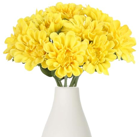 IPOPU Faux Chrysanthemum Flowers 10pcs PU Dahlia Flowers 13inch Artificial Yellow Chrysanthemum Flower Fake Mums Flower for Home Wedding Office Table Centerpiece Floral Arrangement Decor(Yellow)
