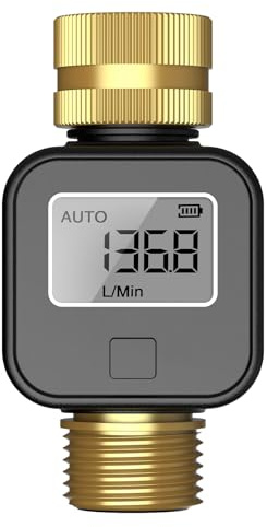 Haozee-Wasserzähler mit Messingkopfeinlass und -auslass, misst Gallonen-/Literverbrauch und Durchflussrate zum Befüllen von Wohnmobil-Wassertanks, zur Bewässerung von Gartenschläuchen im Freien, Rasen