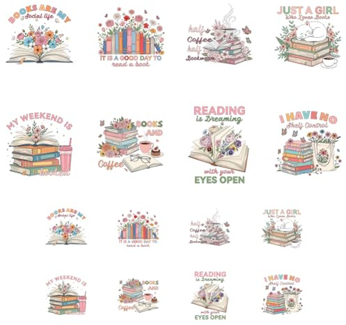 ANATTASOUL 16Pcs Bügelbilder für Textilien Bücher Und Blumen Bügelbilder Erwachsene 6.5 x 8 CM/18 x 22 CM Schnell & Einfach DIY Sticker zum Aufbügeln für Kleidung, Hosen, Hüte, Taschen