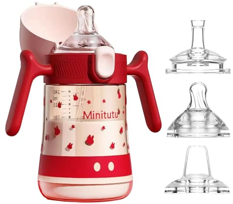 Qshare 240ml Kinder Trinklernbecher ab 6 Monate+,3 in 1Baby Trinkflasche,Trinkbecher für Babys,Baby Trinklernbecher ab 6 Monate mit ergonomischer Silikontülle (Rot)