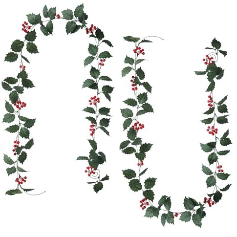 Lastdaytime Guirnalda de bayas de Navidad, juego de 2 guirnaldas de bayas de acebo de plástico, 94 49 pulgadas cada una, adecuada para decoración navideña en escaleras, manteles, puertas y coronas