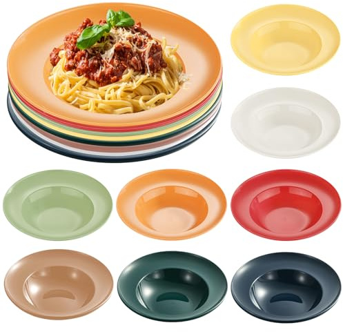 PORFOYO Pastateller Suppenteller Tief 8 Stück, Pastateller Rund ø 23 Cm, Kunststoff Suppenteller, Wiederverwendbar Tiefe Teller, Bunte Speiseteller Set Für Nudeln Steaks Salate Spülmaschinenfest