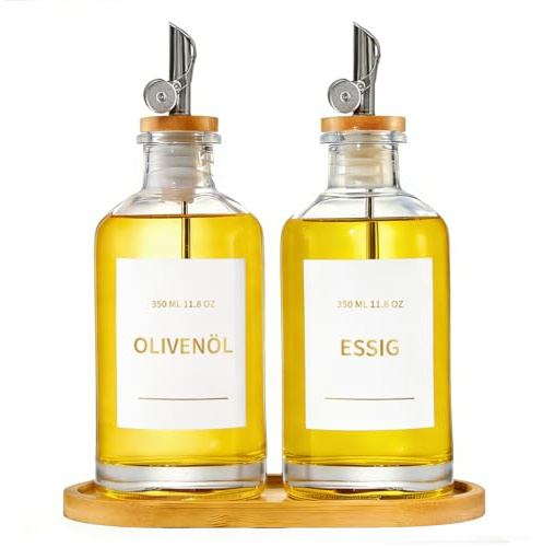 Raddile Essig und Ölflaschen Set, 2 Stück 350ml Ölflasche, Olivenöl Flasche mit 22 Aufkleber, Automatisches Öffnen und Schließen Glas Ölspender für Kochen, Salat und Grillen (Klare)