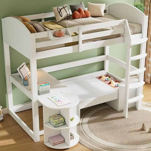 Merax Kinderbett Hochbett 90x200cm,mit ausziehbarem Tisch mit Bücherregal,Sofa mit Stauraum&3 Kisse&Polsterung, Etagenbett mit Leiter,Lagerregale,Lattenrost,Rausfallschutz,Ohne Matratze,Weiß