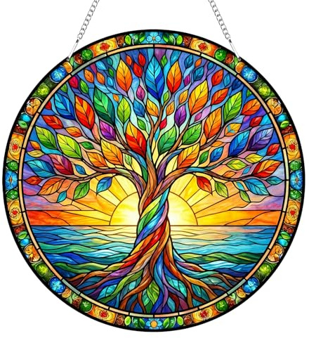 Colorful Tree of Life Suncatcher, 20x20cm Acrylic Stained Glass Style Sun Catcher for Windows, Hanging Garden Ornaments for Indoor Outdoor, Car Wedding Party