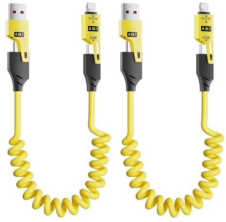 2 Pack Coiled CarPlay Cable, 4-in-1 USB A/C to USB C/Lightning, 1.5m/65W