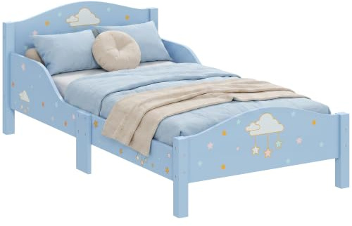 AIYAPLAY Lit Enfant 70 x 140 cm, Barrière de Sécurité, Motif Nuage, Bleu | Lit pour Enfant, Sommier à Lattes en Bois, pour Garçons et Filles 3 à 6 ans, Matelas Non Inclus