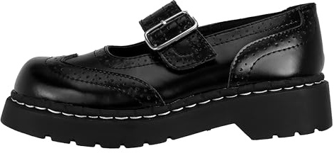 T.U.K. Black Vegan Brogue Mary Jane Flats with Buckle Strap, US Women 9