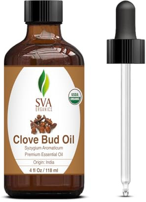 SVA ORGANICS Aceite esencial de brote de clavo de olor, orgánico, USDA, 100% puro, sin diluir, aceite de grado terapéutico premium para piel, dientes, difusor, aromaterapia 4 Fl Oz (paquete de 1)