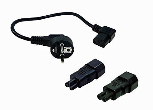 Strom-Set: gewinkelter Schutzkontaktstecker auf gew. Kaltgerätebuchse + Kleeblatt-Adapter + Euro8-Adapter. 50cm.