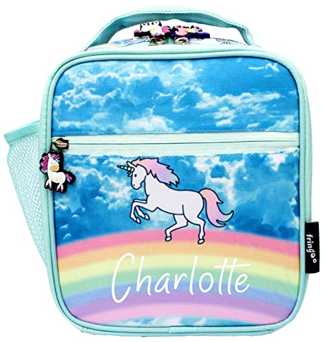 Fringoo Lonchera personalizada para niños, con aislamiento térmico, 2 compartimentos, con bolsillo lateral de malla, para guardería, escuela, viajes, almuerzo (nubes de unicornio)