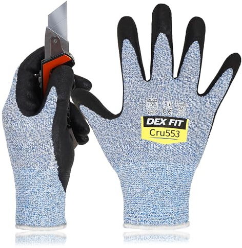 DEX FIT Level 5 Klippbeständiga handskar Cru553, 3D komfort stretch passform, kraftgrepp, hållbart skum nitril, smart touch, maskintvättbar, tunn och lätt, blå 7 (S) 1 par