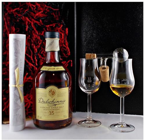 Geschenk Dalwhinnie 15 Jahre Single Malt Whisky + Glaskugelportionierer + 2 Bugatti Gläser