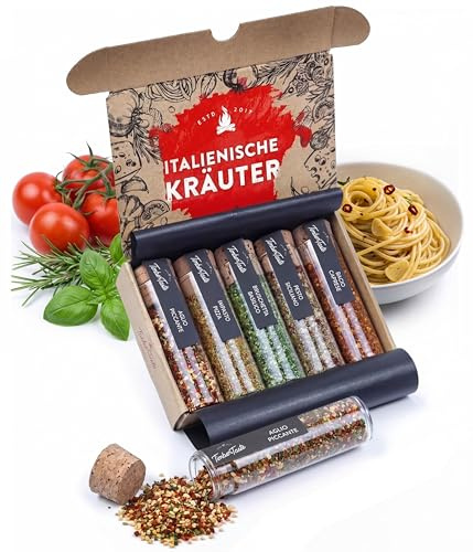 TIMBER TASTE® Italienische Gewürze Geschenkset - 5 mediterrane Mischungen Impasto Pizza Caprese Pesto Aglio Piccante | Antipasti Pasta Männergeschenke Feinkost | Gewürze Set - Geschenke für Männer