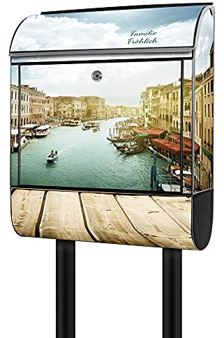 banjado® Briefkasten mit Standfuß personalisierbar Motiv Canale Grande - Stand Briefkasten mit Zeitungsfach pulverbeschichtet aus Stahl schwarz - Postkasten A4 Einwurf inkl. 2 Schlüssel