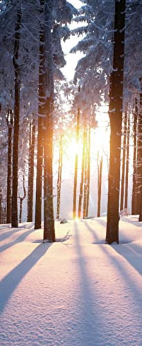 A.Monamour Türtapete Selbstklebend Türfolie Türposter 3D Winter Sonnenuntergang Im Wald Mit Sonnenstrahlen Durch Bäume Vinyl Folie Türdeko Tapete Wandbild Türaufkleber Türtattoo 85 x 200 cm