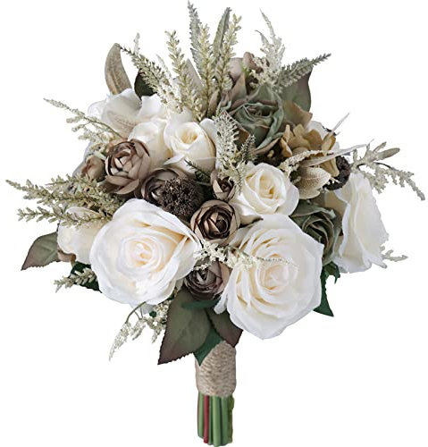 Fouriding Bouquet de Mariée Mariage Style Vintage Fleurs Artificielles Blanc Crème Kaki Rose Maison Decoration Fournitures de Mariage
